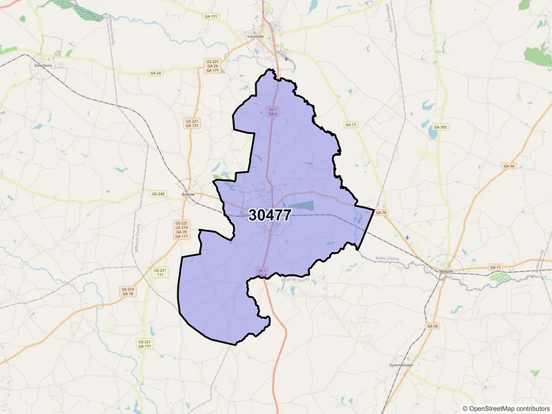 Map of ZIP Code 30477 — Wadley, GA