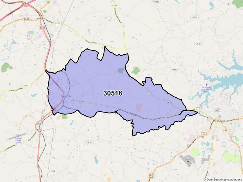 Map of ZIP Code 30516 — Bowersville, GA