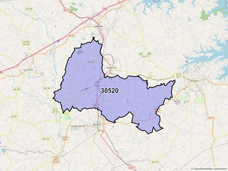 Map of ZIP Code 30520 — Canon, GA