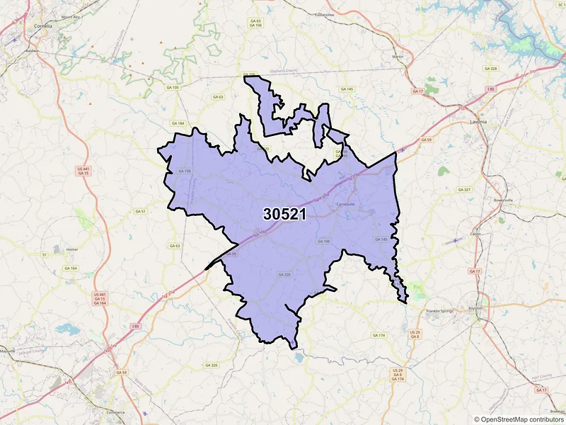 Map of ZIP Code 30521 — Carnesville, GA
