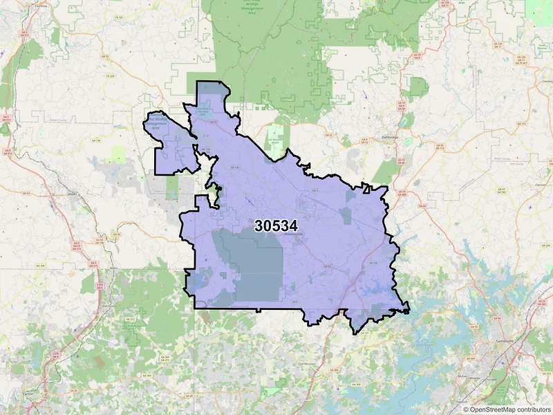 Map of ZIP Code 30534 — Dawsonville, GA