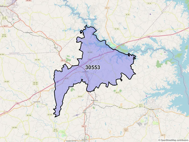 Map of ZIP Code 30553 — Lavonia, GA