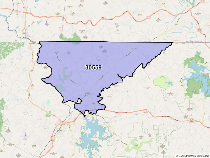 Map of ZIP Code 30559 — Mineral Bluff, GA