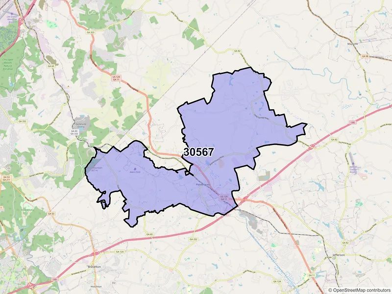 Map of Pendergrass, Georgia and ZIP codes