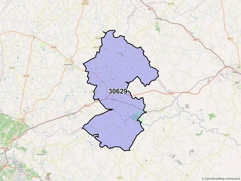 Map of ZIP Code 30629 — Comer, GA