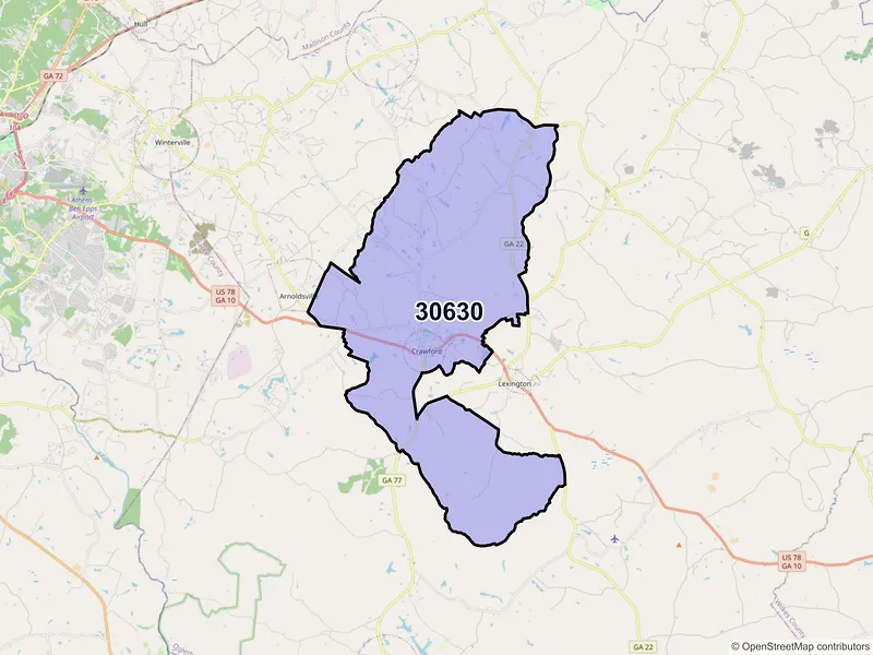 Map of ZIP Code 30630 — Crawford, GA