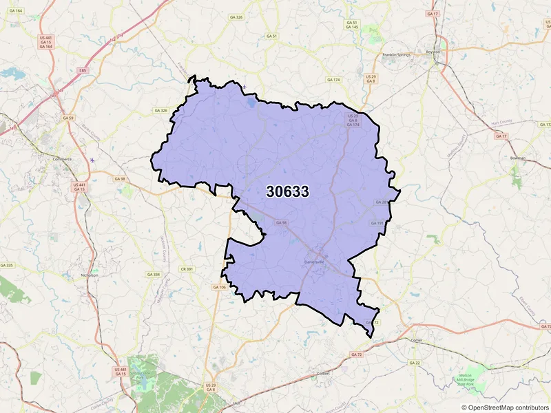 Map of ZIP Code 30633 — Danielsville, GA
