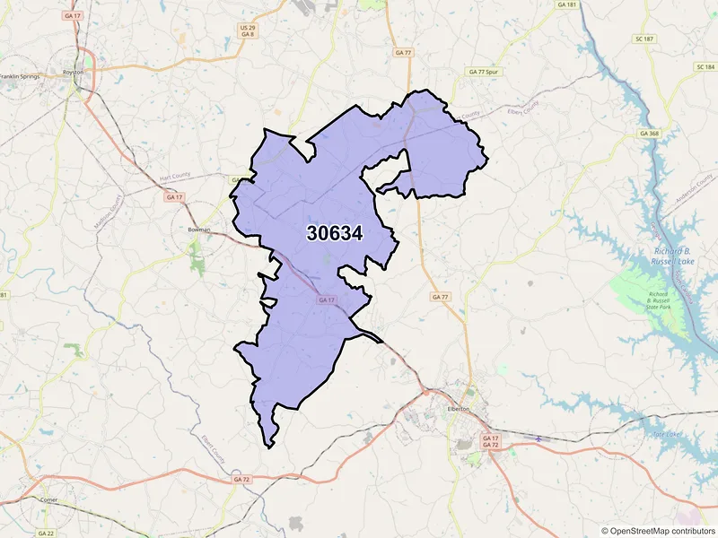 Map of ZIP Code 30634 — Dewy Rose, GA