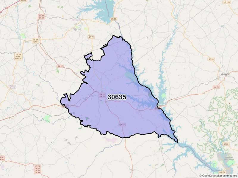 Map of ZIP Code 30635 — Elberton, GA