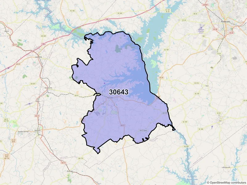 Map of ZIP Code 30643 — Hartwell, GA