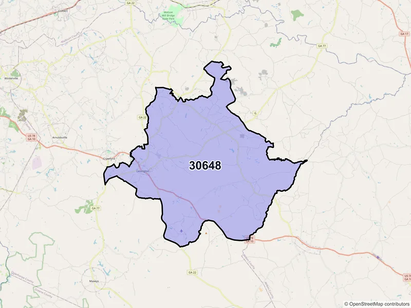 Map of Lexington, Georgia and ZIP codes