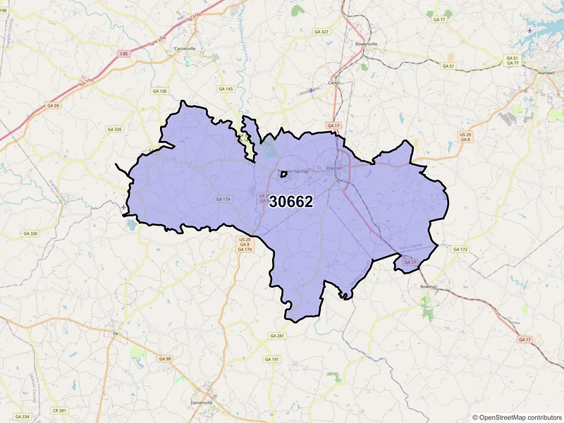 Map of ZIP Code 30662 — Royston, GA