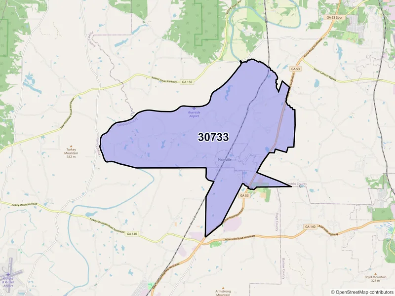 Map of ZIP Code 30733 — Plainville, GA
