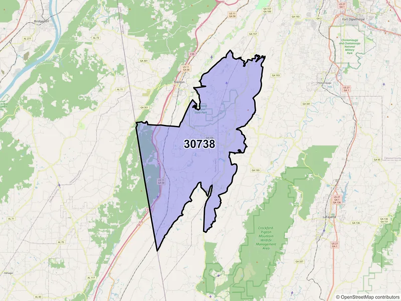 Map of ZIP Code 30738 — Rising Fawn, GA