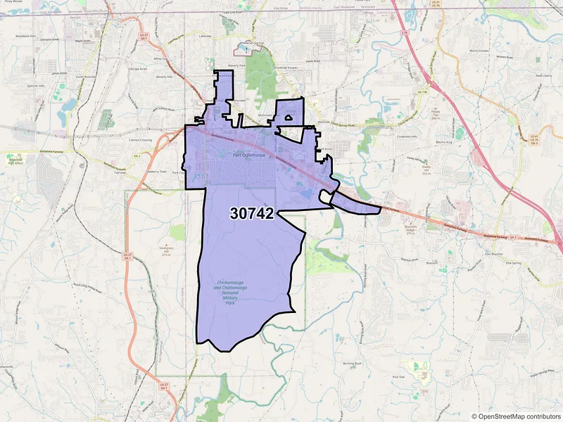 Map of ZIP Code 30742 — Fort Oglethorpe, GA