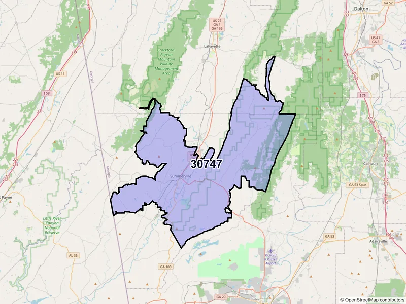 Map of Summerville, Georgia and ZIP codes