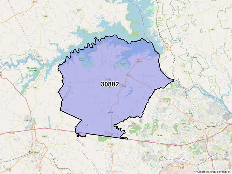 Map of ZIP Code 30802 — Appling, GA