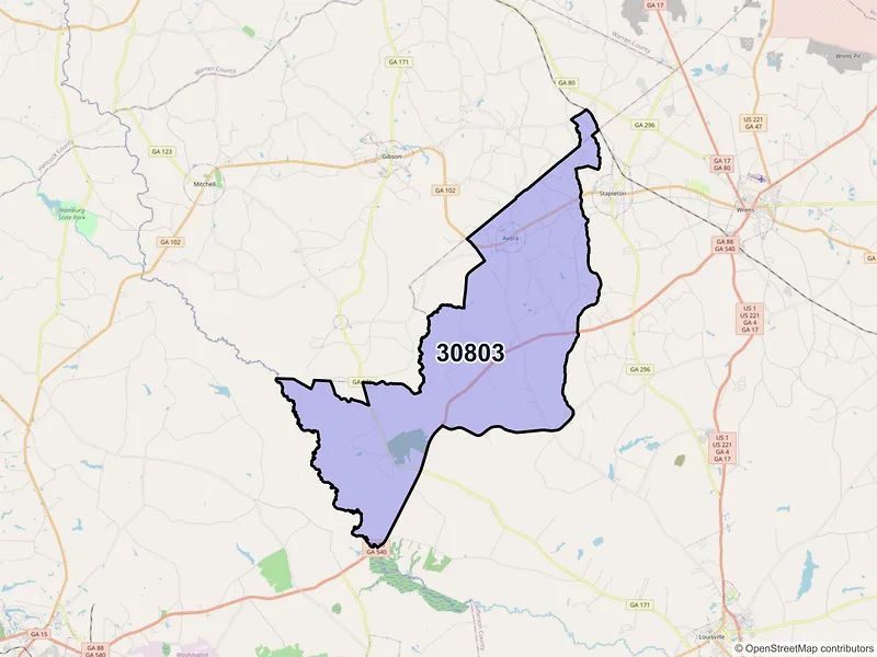 Map of Avera, Georgia and ZIP codes