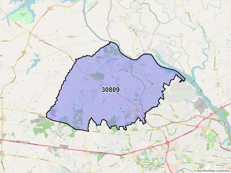 Map of ZIP Code 30809 — Evans, GA