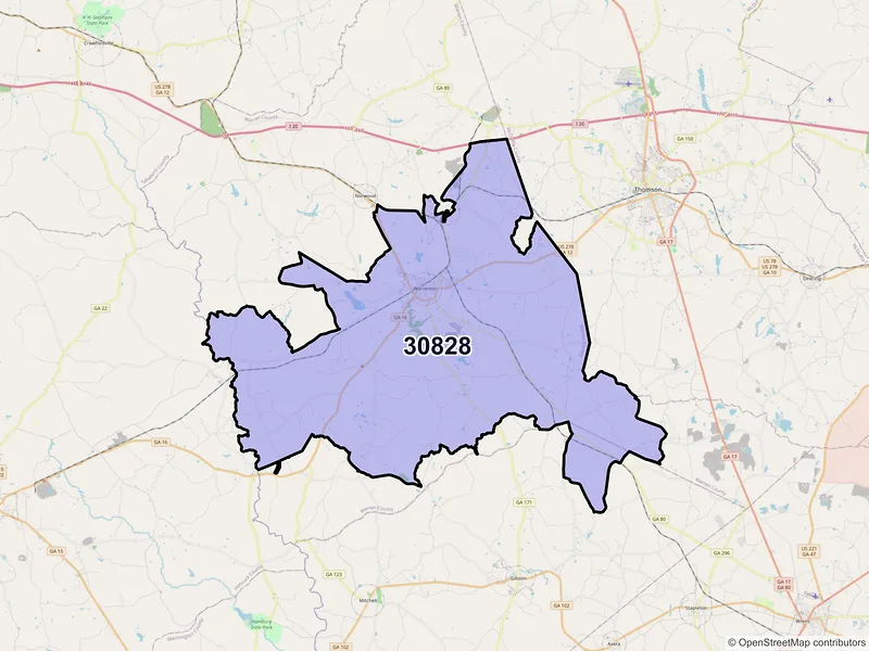 Map of ZIP Code 30828 — Warrenton, GA