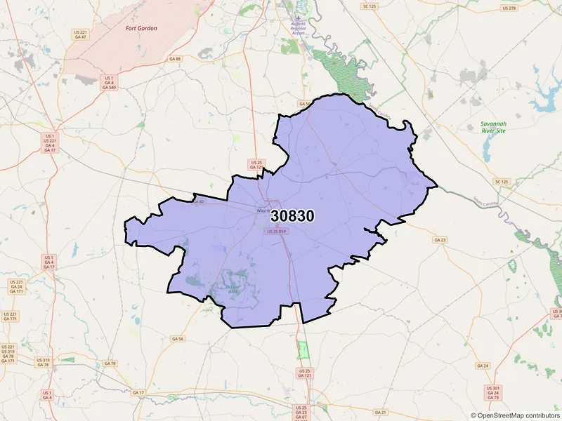 Map of ZIP Code 30830 — Waynesboro, GA