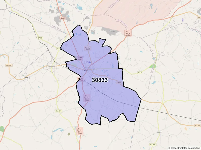 Map of ZIP Code 30833 — Wrens, GA