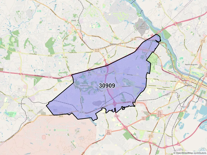 Map of ZIP Code 30909 — Augusta, GA