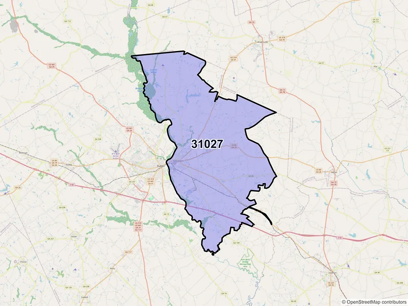 Map of East Dublin, Georgia and ZIP codes