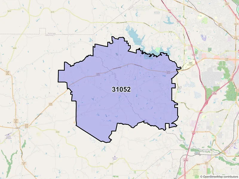Map of ZIP Code 31052 — Lizella, GA