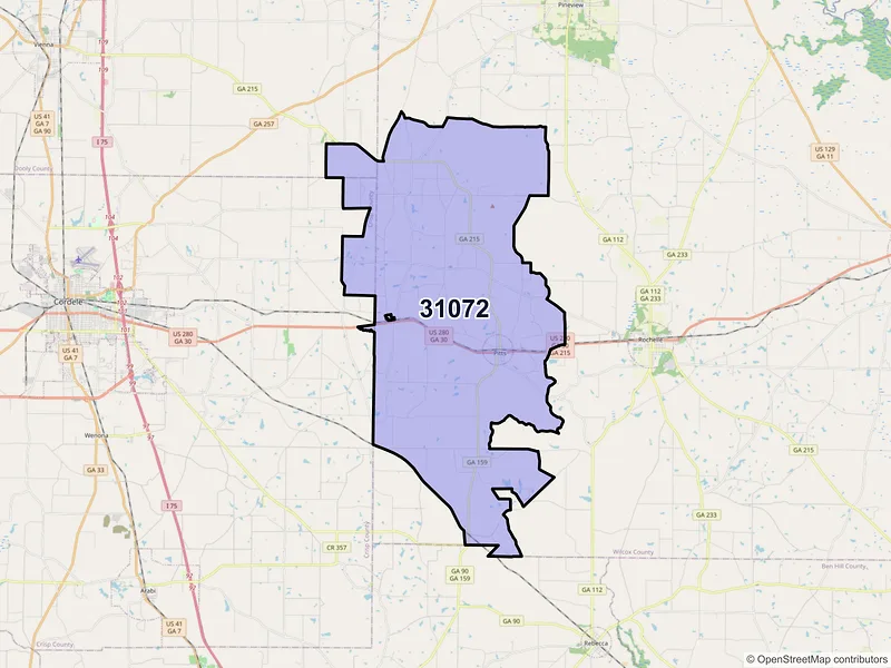 Map of ZIP Code 31072 — Pitts, GA