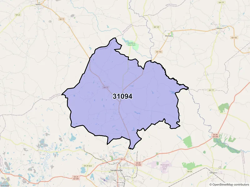 Map of Warthen, Georgia and ZIP codes