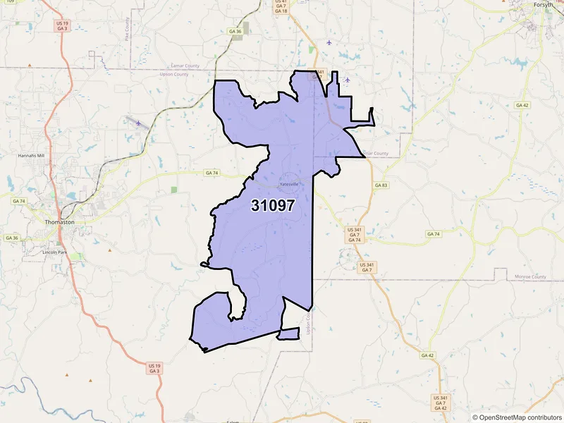 Map of ZIP Code 31097 — Yatesville, GA