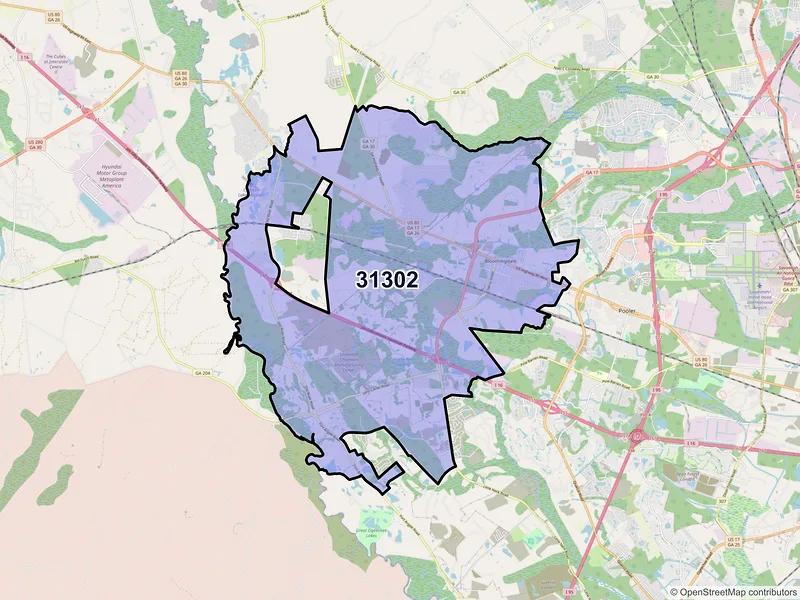 Map of ZIP Code 31302 — Bloomingdale, GA