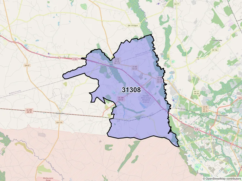 Map of ZIP Code 31308 — Ellabell, GA
