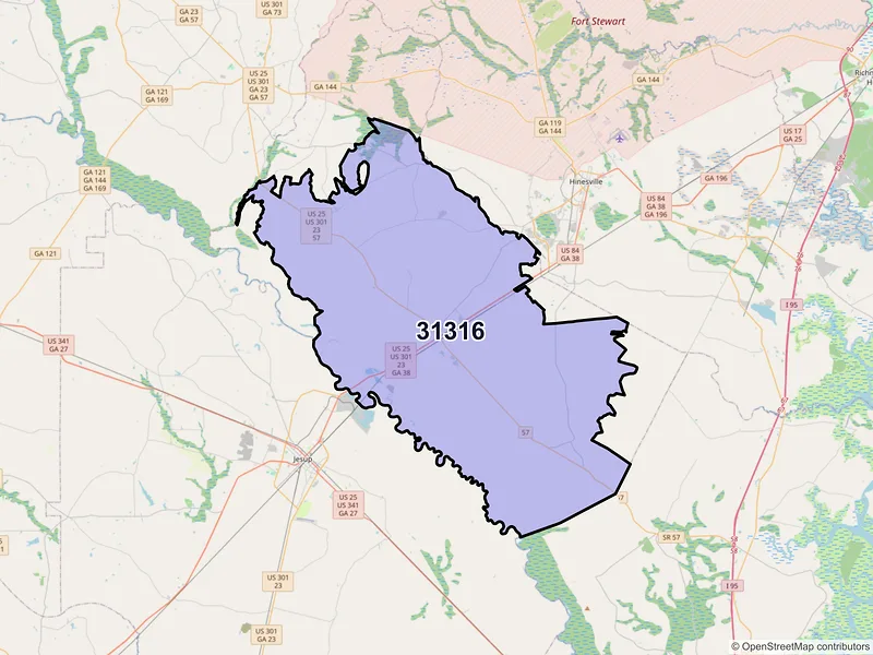 Map of ZIP Code 31316 — Ludowici, GA