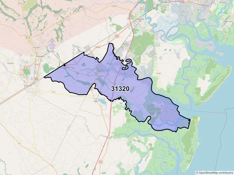 Map of ZIP Code 31320 — Midway, GA