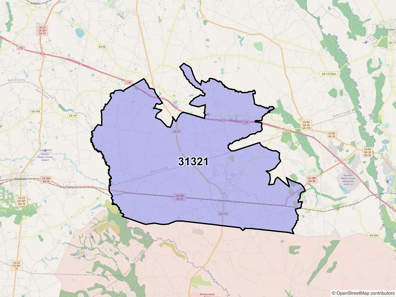 Map of ZIP Code 31321 — Pembroke, GA