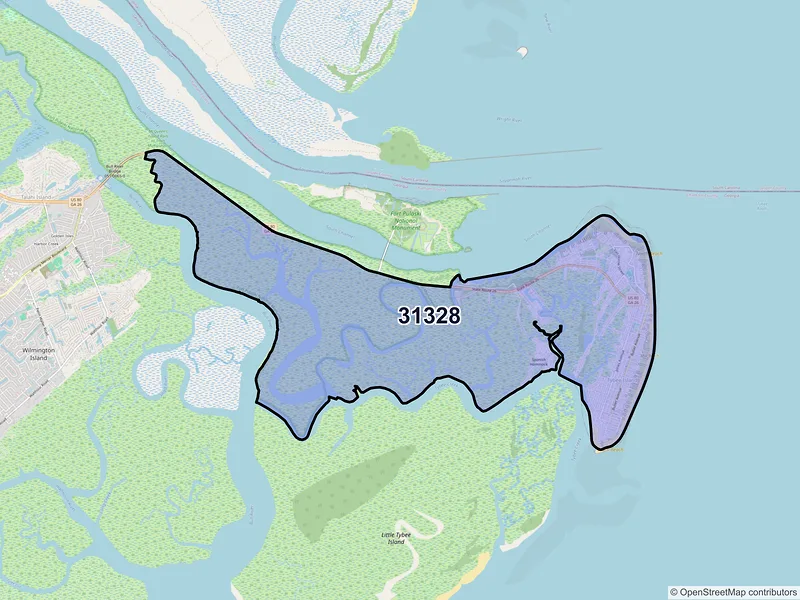 Map of Tybee Island, Georgia and ZIP codes