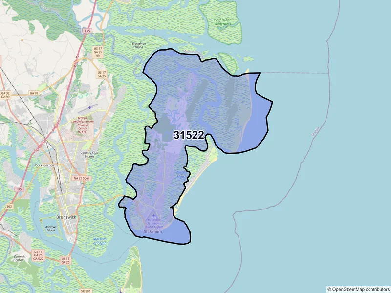 Map of Saint Simons Island, Georgia and ZIP codes