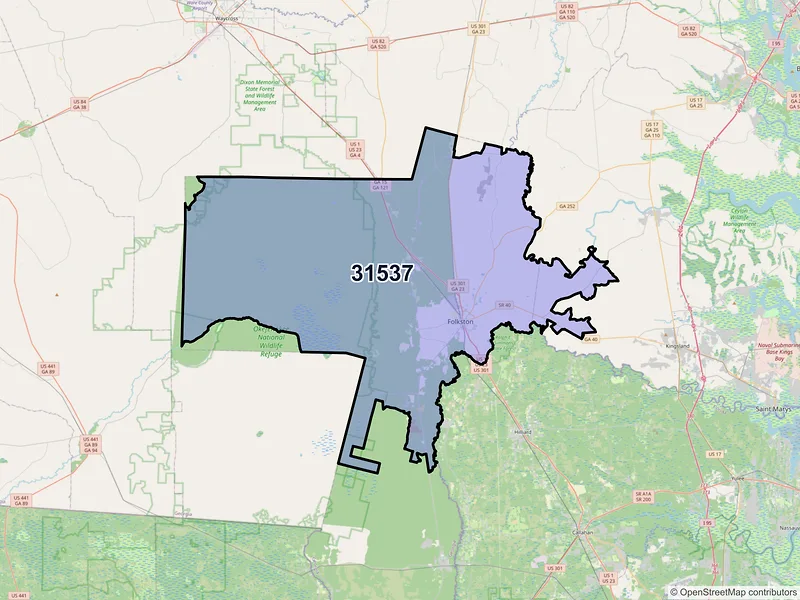 Map of ZIP Code 31537 — Folkston, GA