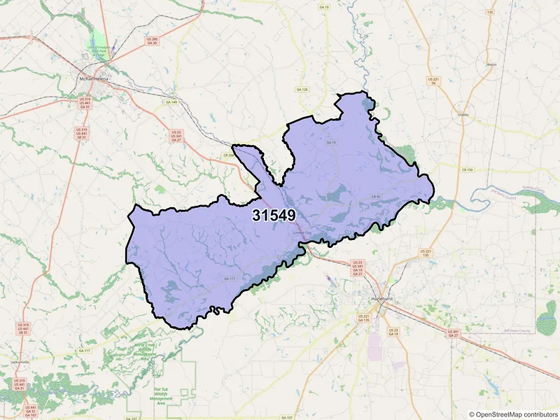 Map of ZIP Code 31549 — Lumber City, GA