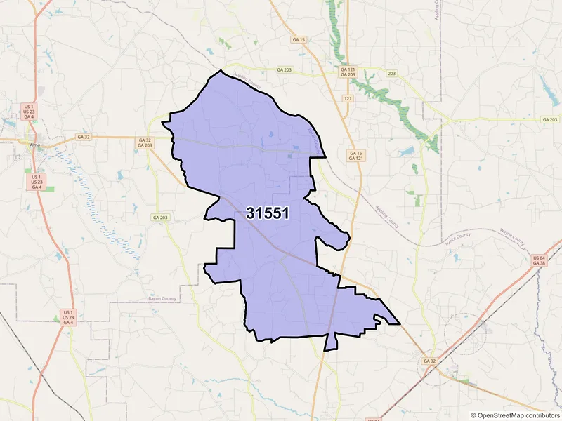 Map of ZIP Code 31551 — Mershon, GA