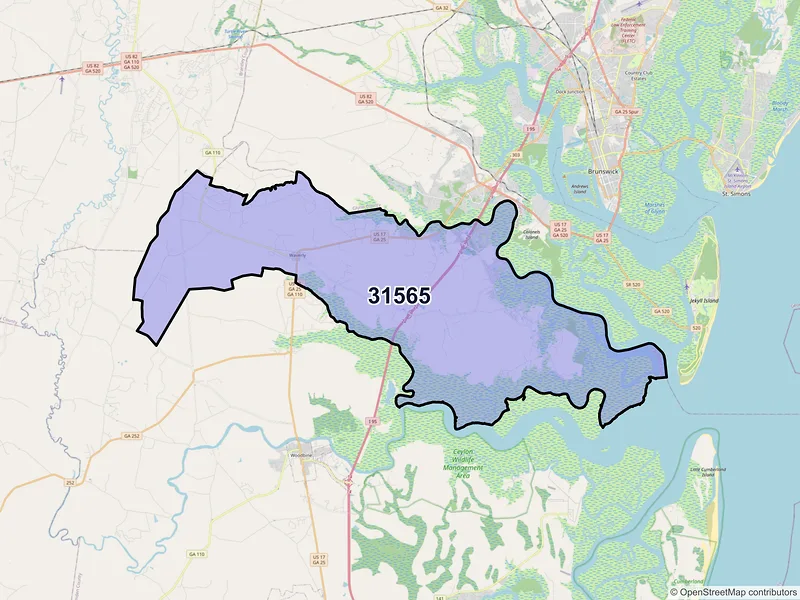 Map of ZIP Code 31565 — Waverly, GA