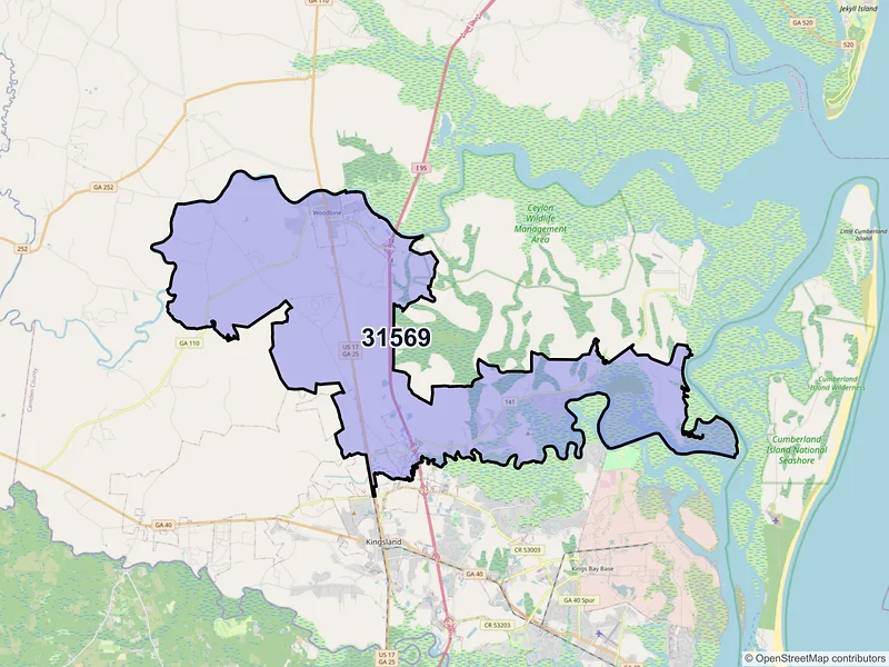 Map of ZIP Code 31569 — Woodbine, GA