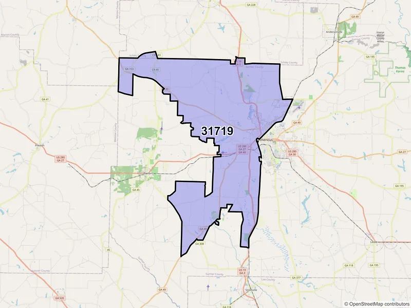 Map of ZIP Code 31719 — Americus, GA