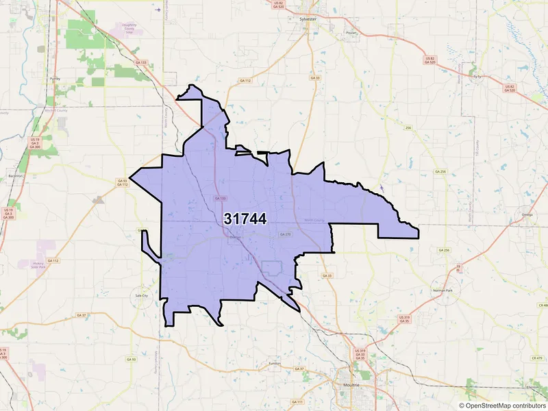 Map of ZIP Code 31744 — Doerun, GA