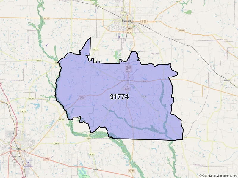 Map of ZIP Code 31774 — Ocilla, GA