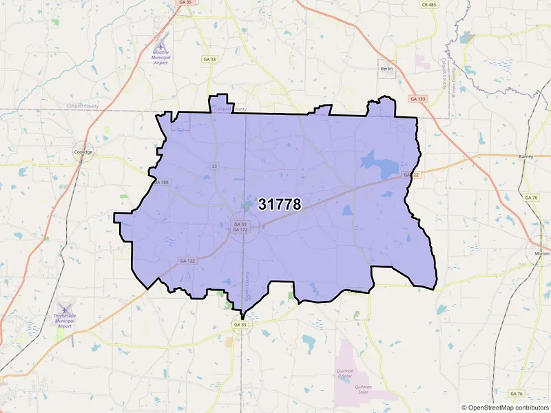 Map of ZIP Code 31778 — Pavo, GA