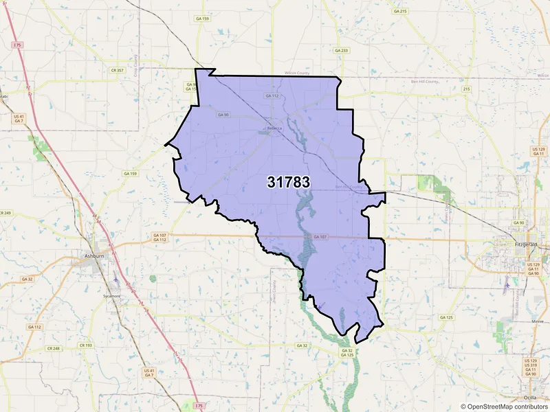 Map of Rebecca, Georgia and ZIP codes