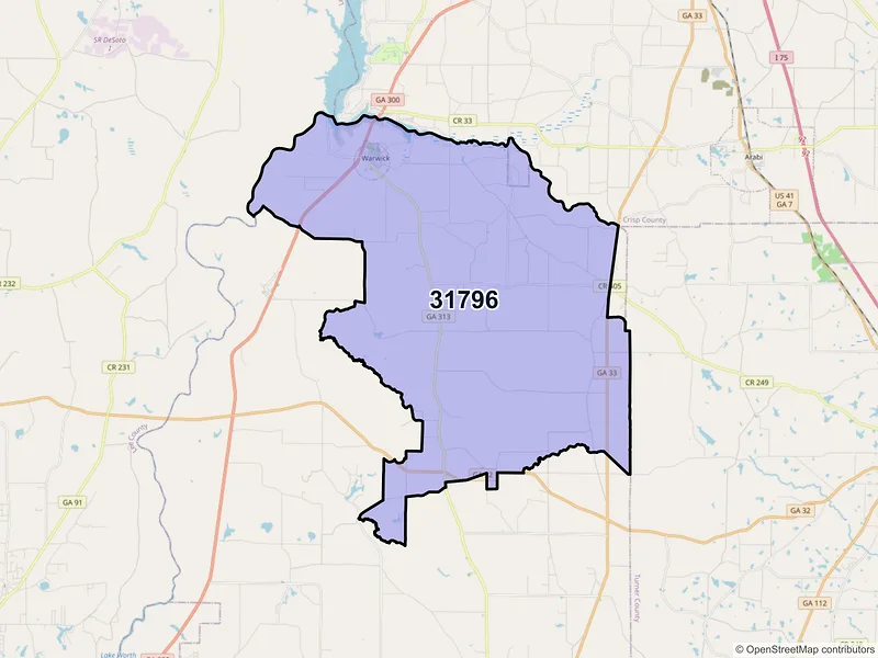 Map of ZIP Code 31796 — Warwick, GA